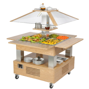 Buffet salad’bar en îlot chauffant – 4 bacs GN 1/1 – Chêne clair