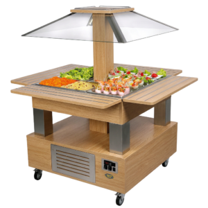 Buffet salad’bar en îlot réfrigéré – 4 bacs GN 1/1 – Chêne clair