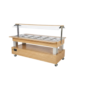 Buffet salad’bar traversant chauffant – 6 bacs GN 1/1 – Chêne clair