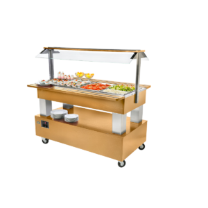 Buffet salad’bar traversant réfrigéré – 4 bacs GN 1/1 – Chêne clair