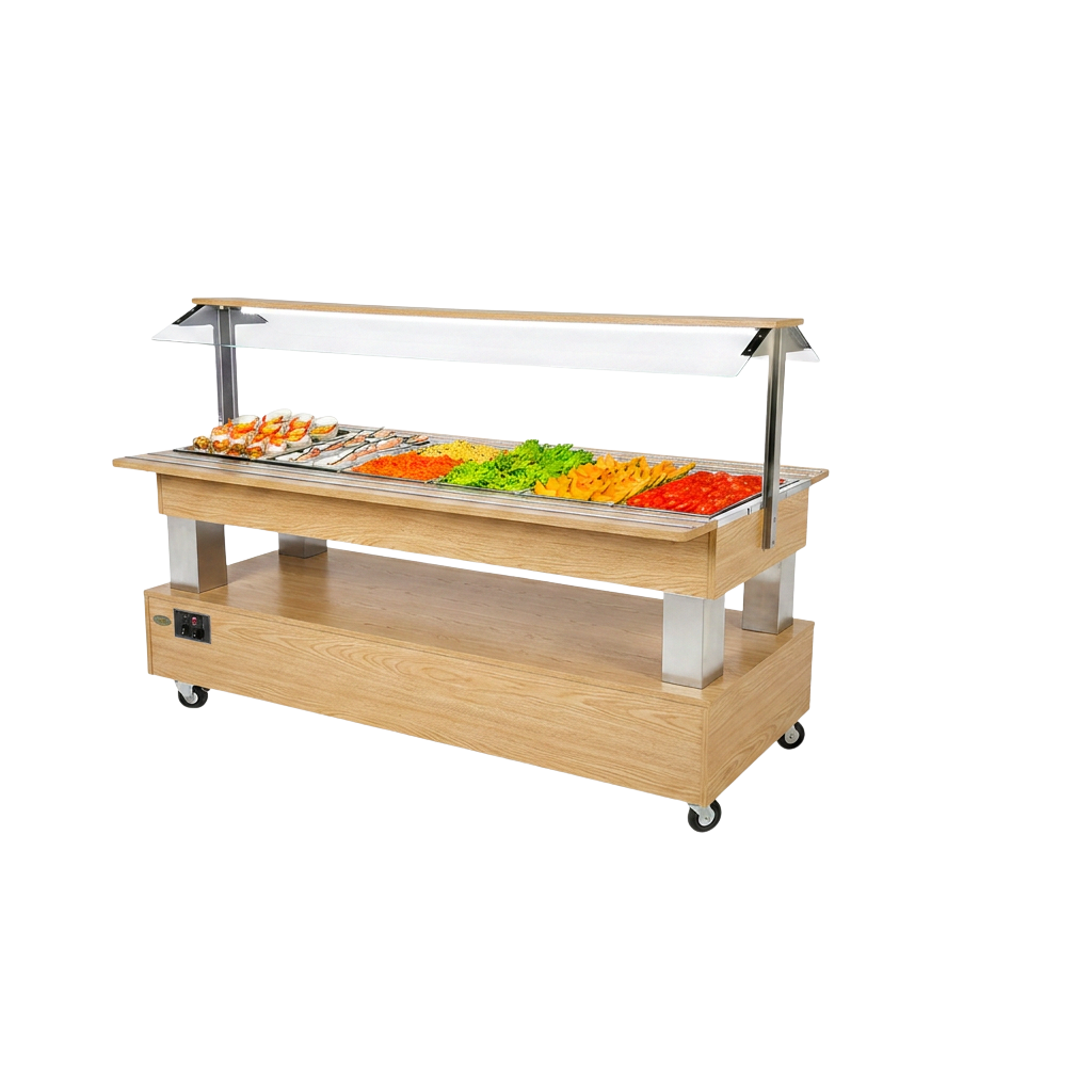 Buffet salad’bar traversant réfrigéré – 6 bacs GN 1/1 – Chêne clair