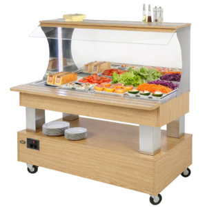 Buffet salad’bar mural réfrigéré – 4 bacs GN 1/1 – Chêne clair