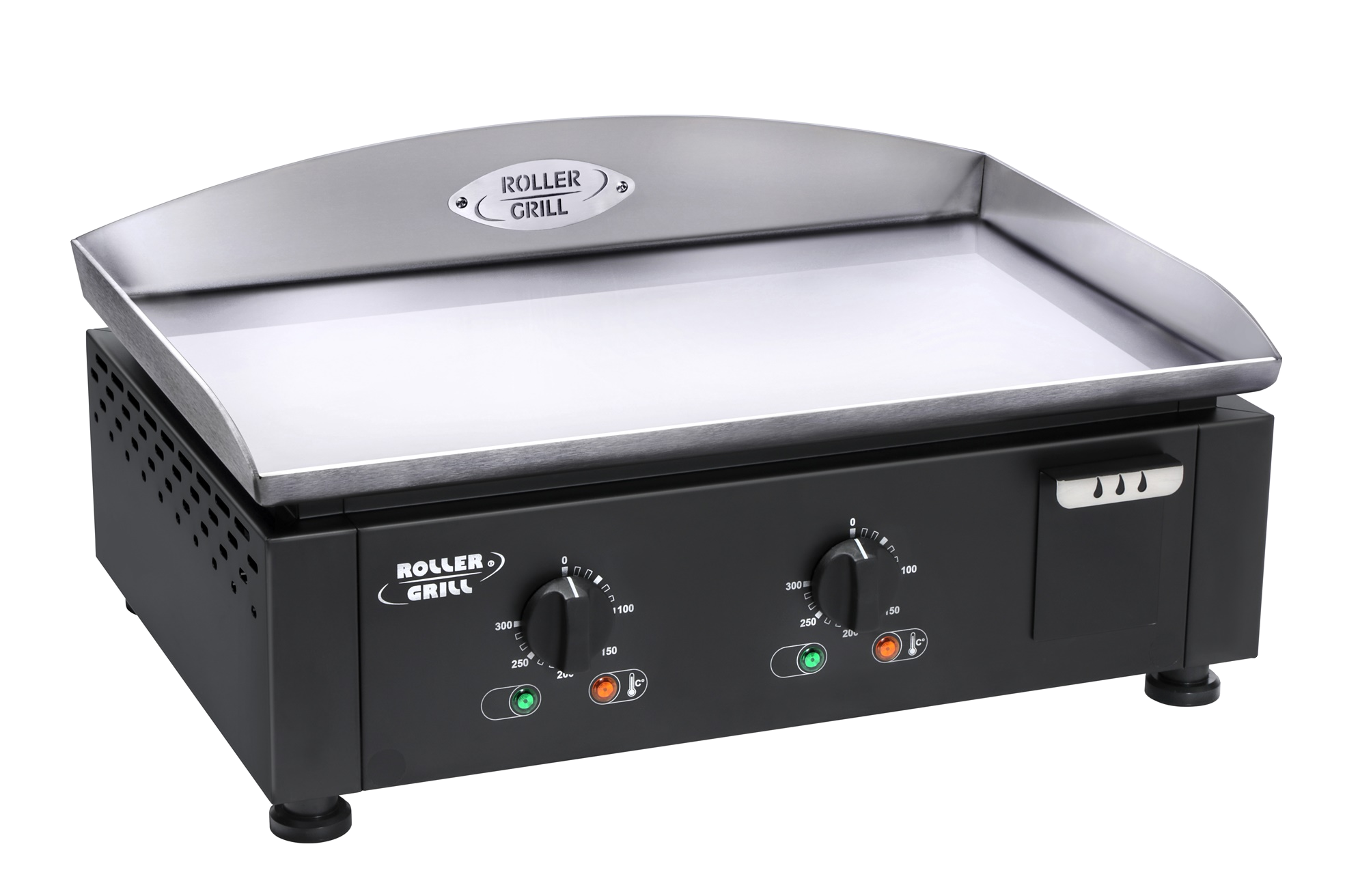 Stainless steel plancha and black electric base with 2 independent cooking zones