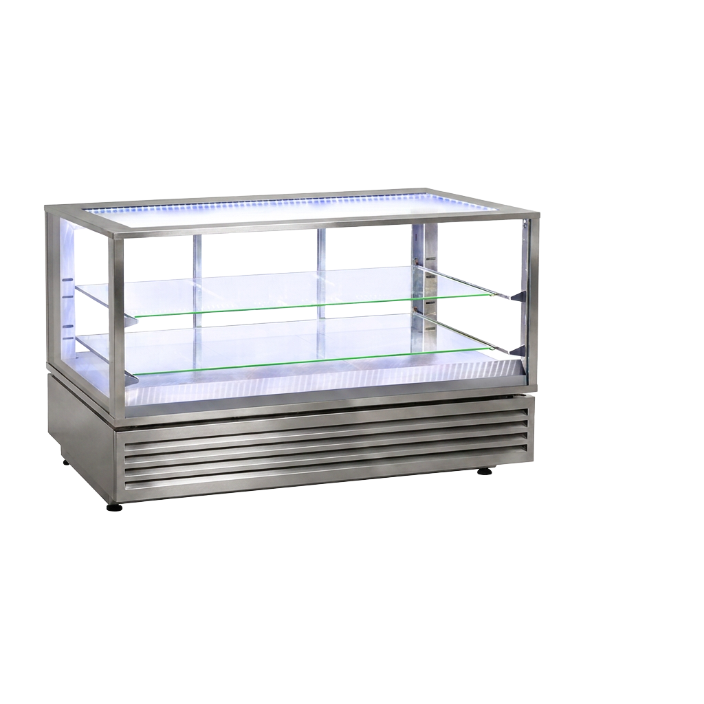 Ventilated heated display case – 2 large glass shelves – Stainless steel